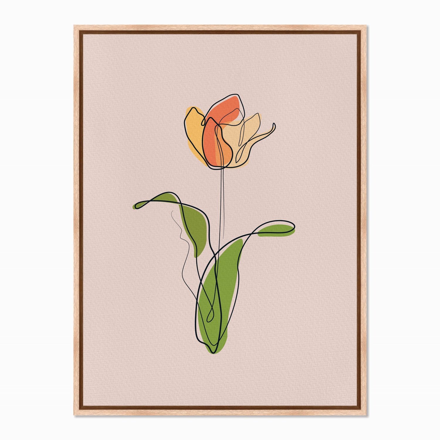Quadro em Tela Canvas Silhueta Flor Colorida com Folhas Verdes e Fundo Rosa