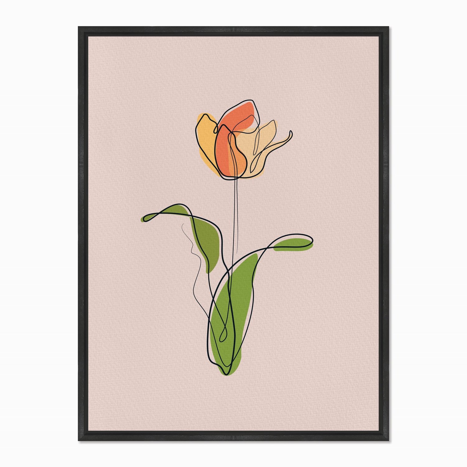 Quadro em Tela Canvas Silhueta Flor Colorida com Folhas Verdes e Fundo Rosa
