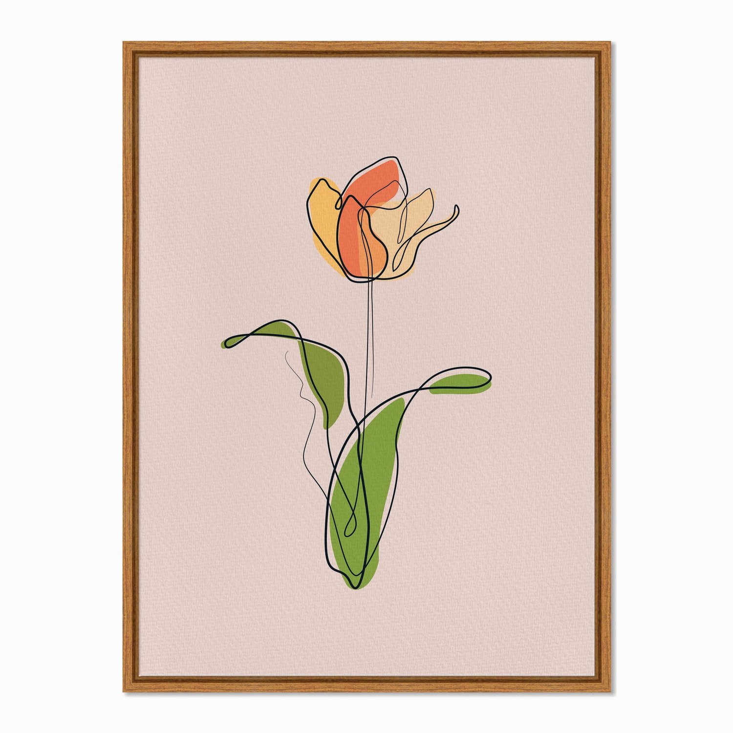 Quadro em Tela Canvas Silhueta Flor Colorida com Folhas Verdes e Fundo Rosa
