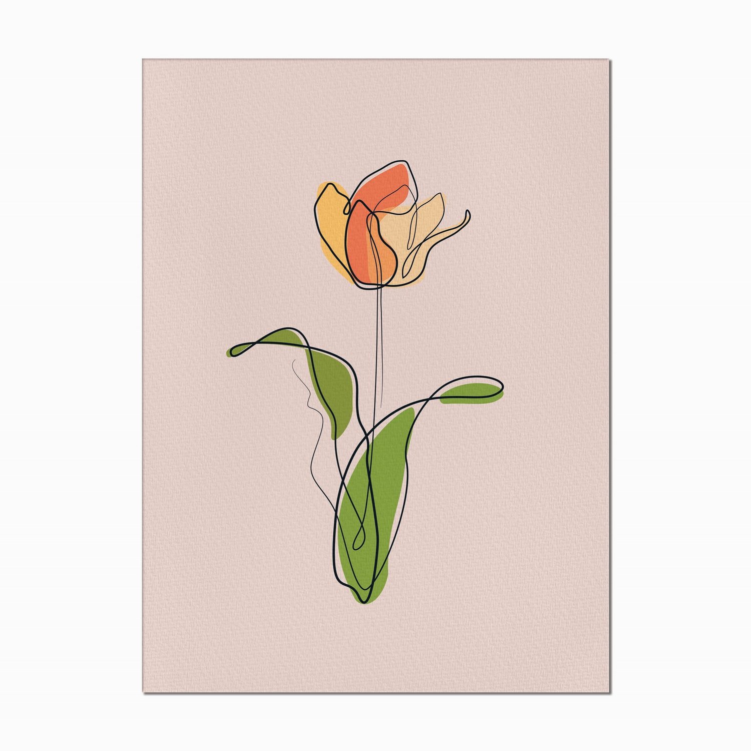 Quadro em Tela Canvas Silhueta Flor Colorida com Folhas Verdes e Fundo Rosa