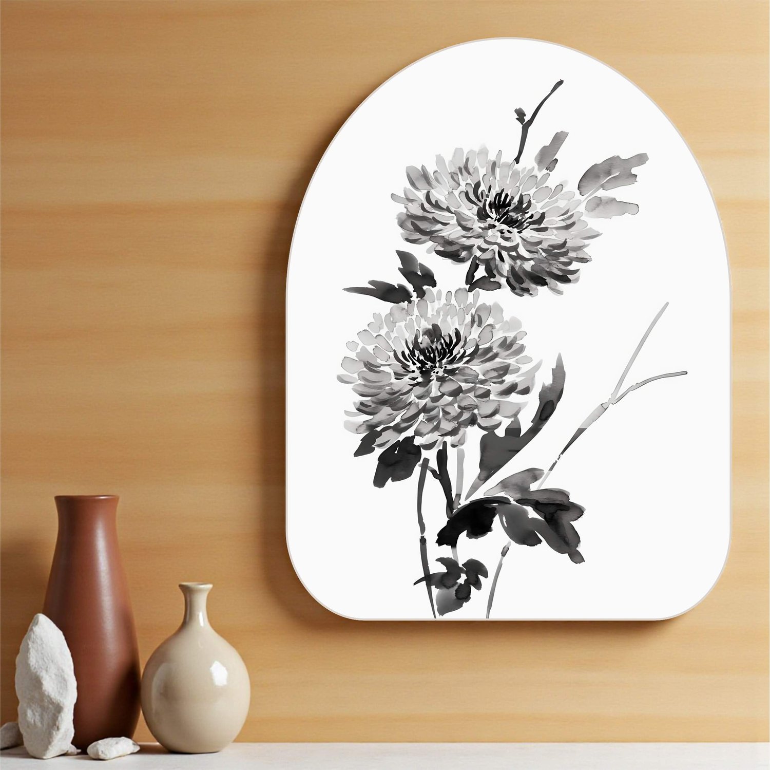 Quadro Orgânico Decorativo Kiku Pintura de Flor Crisântemo Ornamental no Estilo Sumiê com Moldura em Couro Sintético