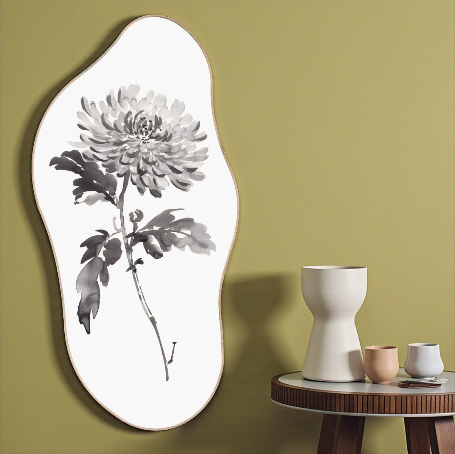 Quadro Orgânico Decorativo Kiku Pintura de Flor Ornamental Crisântemo no Estilo Sumiê com Moldura em Couro Sintético