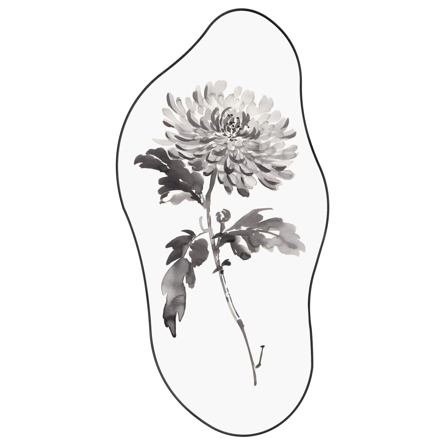 Quadro Orgânico Decorativo Kiku Pintura de Flor Ornamental Crisântemo no Estilo Sumiê com Moldura em Couro Sintético