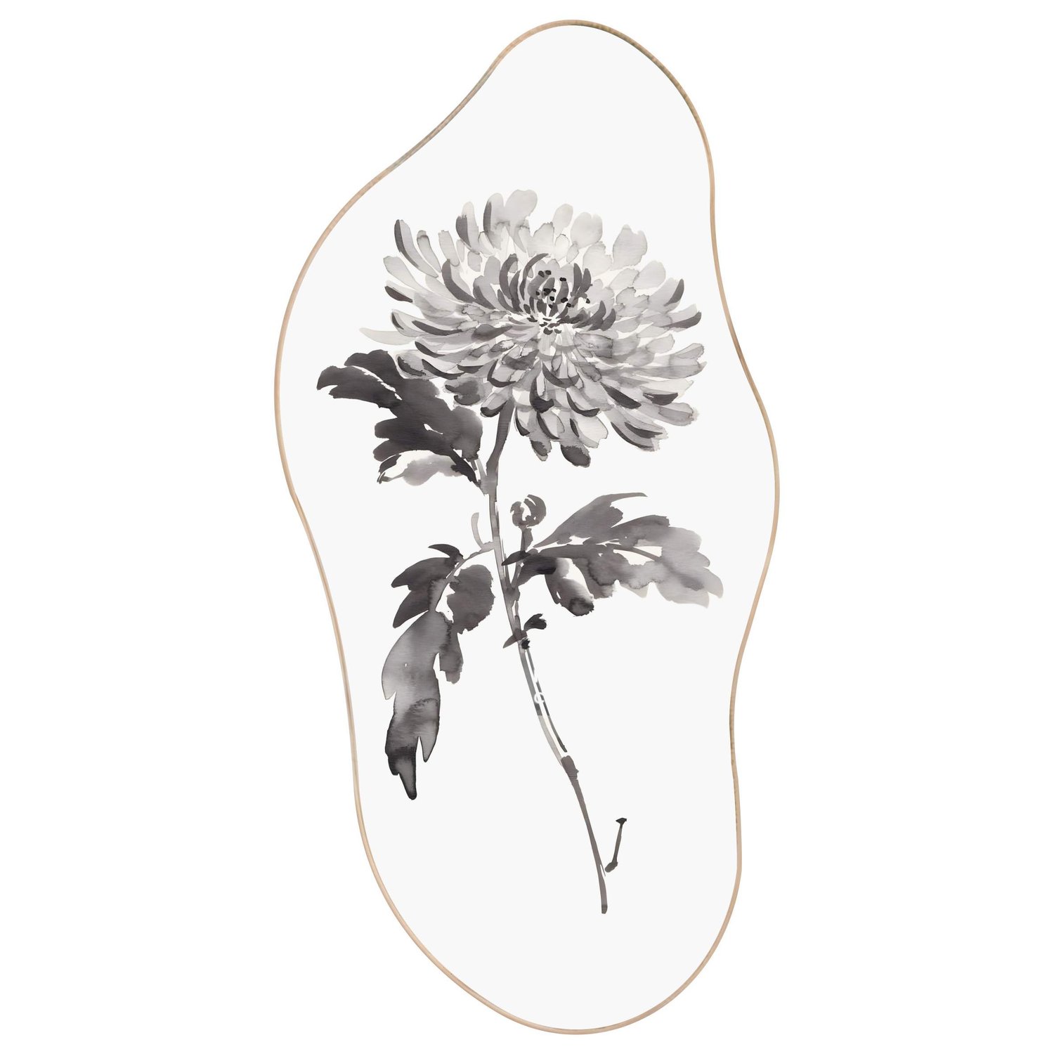 Quadro Orgânico Decorativo Kiku Pintura de Flor Ornamental Crisântemo no Estilo Sumiê com Moldura em Couro Sintético