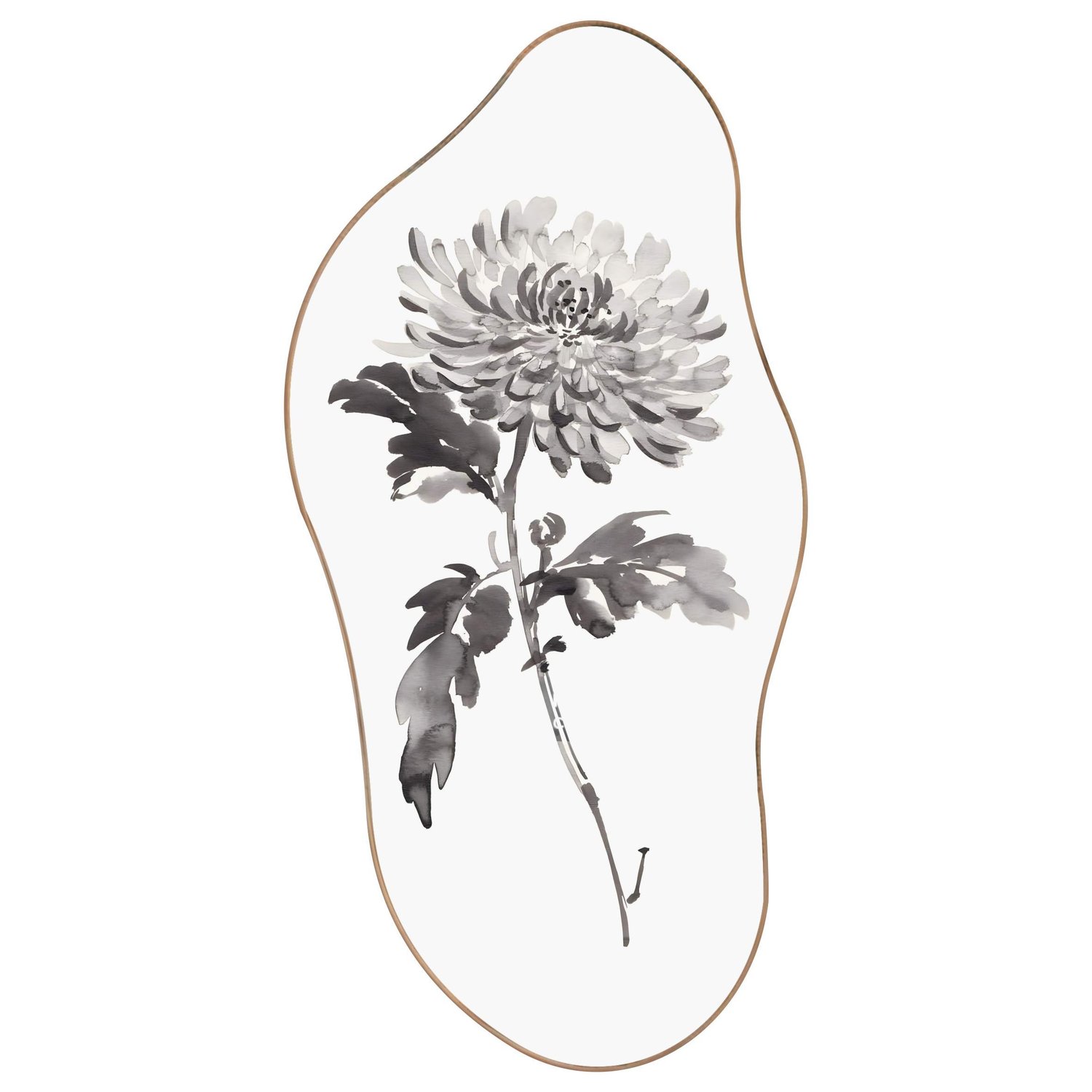 Quadro Orgânico Decorativo Kiku Pintura de Flor Ornamental Crisântemo no Estilo Sumiê com Moldura em Couro Sintético