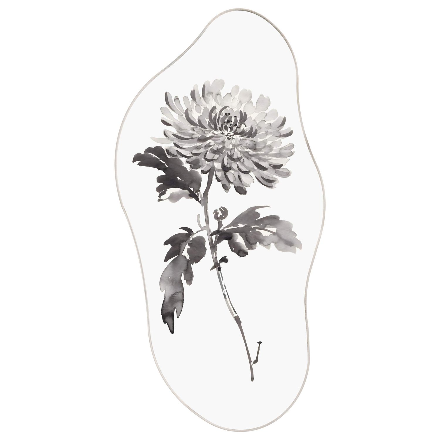 Quadro Orgânico Decorativo Kiku Pintura de Flor Ornamental Crisântemo no Estilo Sumiê com Moldura em Couro Sintético