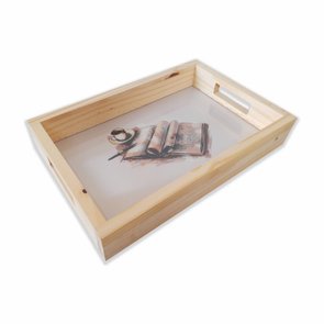 Bandeja de Café da Manhã Decorativa com Alça Reta e Estampa de Livro e Xícara em Aquarela