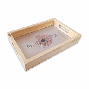 Bandeja de Café da Manhã Decorativa com Alça Reta e Estampa de Xícara Ligado e Desligado