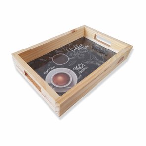 Bandeja de Café da Manhã Decorativa com Alça Reta e Frase Fresh Beans Fundo Escuro