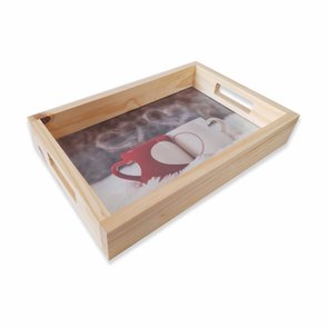 Bandeja Decorativa de Café da Manhã com Alça Reta e Estampa de Duas Xícaras