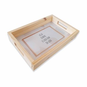 Bandeja Decorativa de Café da Manhã com Alça Reta e Frase Veja Sempre o Lado Bom da Vida