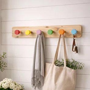 Cabideiro De Parede Colorido Em Pinus Com 6 Ganchos