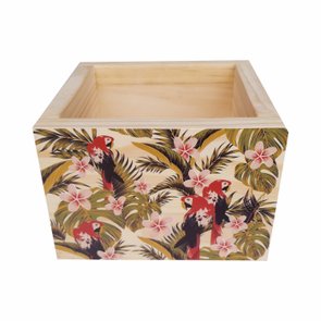 Cachepô Decorativo de Pinus com Estampa - Araras e Flores 15x15x10 Cachepô Decorativo de Pinus com Estampa - Araras e Flores 15x15x10