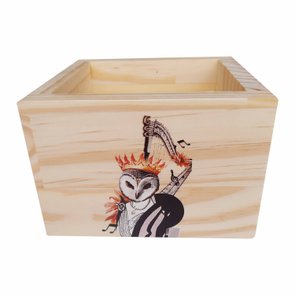 Cachepô Decorativo de Pinus com Estampa - Coruja com Harpa 15x15x10