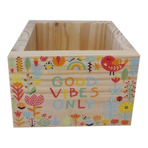 Cachepô Decorativo de Pinus com Estampa  - Good Vibes Only Colorido  15x15x10 Cachepô Decorativo de Pinus com Estampa  - Good Vibes Only Colorido  15x15x10
