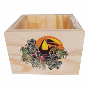 Cachepô Decorativo de Pinus com Estampa - Tucano e Folhagens 15x15x10 Cachepô Decorativo de Pinus com Estampa - Tucano e Folhagens 15x15x10
