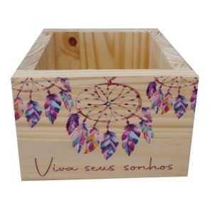 Cachepô Decorativo de Pinus com Estampa  - Viva Seus Sonhos 15x15x10 Cachepô Decorativo de Pinus com Estampa  - Viva Seus Sonhos 15x15x10