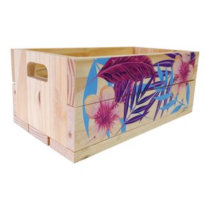 Caixote Decorativo 40cm em Madeira de Pinus com Estampa - Folhas e Flores Coloridas Caixote Decorativo 40cm em Madeira de Pinus com Estampa - Folhas e Flores Coloridas