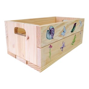 Caixote Decorativo 40cm em Madeira de Pinus com Estampa - Folhas e Insetos Coloridos Caixote Decorativo 40cm em Madeira de Pinus com Estampa - Folhas e Insetos Coloridos