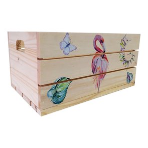 Caixote Decorativo 50cm em Madeira de Pinus com Estampa - Flamingo e Folhas Caixote Decorativo 50cm em Madeira de Pinus com Estampa - Flamingo e Folhas