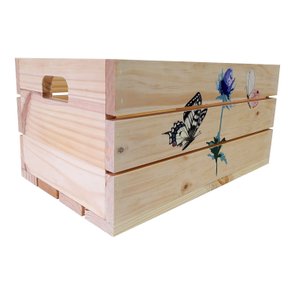 Caixote Decorativo 50cm em Madeira de Pinus com Estampa - Flor e Borboletas Caixote Decorativo 50cm em Madeira de Pinus com Estampa - Flor e Borboletas