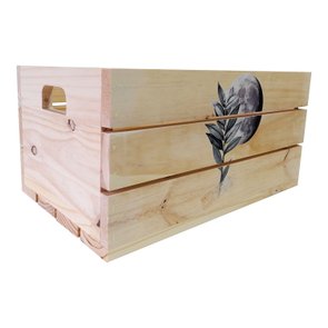 Caixote Decorativo 50cm em Madeira de Pinus com Estampa - Folha e Lua Caixote Decorativo 50cm em Madeira de Pinus com Estampa - Folha e Lua