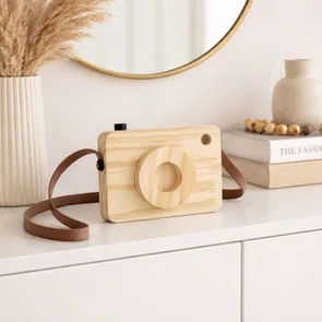 Câmera Fotográfica Decorativa em Madeira Pinus e Couro para Artesanato