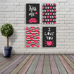 Kit 4 Placas "Kiss Me", "I Love You", Beijos e Abraços Kit 4 Placas "Kiss Me", "I Love You", Beijos e Abraços