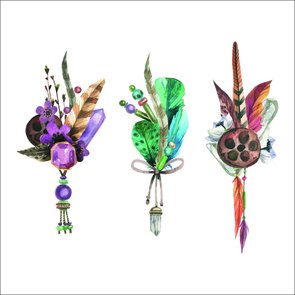 Placa Decorativa Cristais e Penas Coloridas Placa Decorativa Cristais e Penas Coloridas