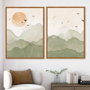 Kit 2 Quadros Em Tela Canvas Montanhas Com Sol E Pássaros Aquarela Estilo Japandi Kit 2 Quadros Em Tela Canvas Montanhas Com Sol E Pássaros Aquarela Estilo Japandi