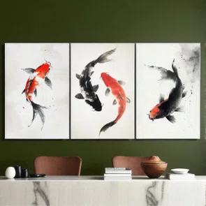 Kit 3 Placas Decorativas Koi Pintura de Carpas Nishikigoi no Estilo Sumiê