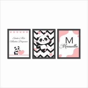 Quadro Infantil Bebê Kit Urso Panda Desenho Com 3 - 20x20 - Preto