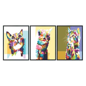 Kit 3 Quadros Gatos Pop Art Colorido