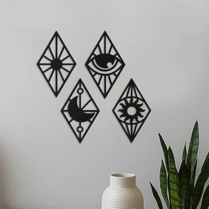 Kit 4 Apliques Decorativo de Parede em MDF Preto Vazado Arte Geométrica com Losangos, Olho Místico, Sol e Lua Kit 4 Apliques Decorativo de Parede em MDF Preto Vazado Arte Geométrica com Losangos, Olho Místico, Sol e Lua