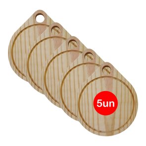 Kit 5 Tábuas de Hambúrguer em Madeira de Pinus Natural Maciço - Redonda com Furo com Óleo Mineral Kit 5 Tábuas de Hambúrguer em Madeira de Pinus Natural Maciço - Redonda com Furo com Óleo Mineral