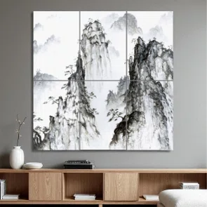 Kit 6 Placas Decorativas Yama Pintura de Montanhas no Estilo Sumiê