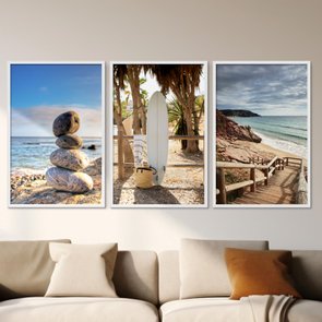 Kit 3 Quadros Decorativos Praia Pedras Prancha e Mar Kit 3 Quadros Decorativos Praia Pedras Prancha e Mar