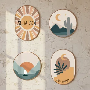 Kit de 4 Quadros Decorativos Estilo Boho Parede de Quarto, Sala, Hall de Entrada