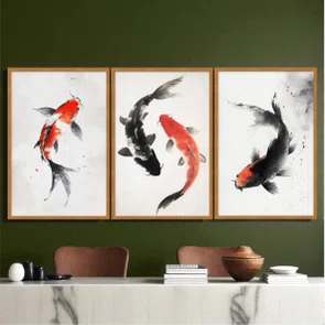 Kit Quadros Decorativos Koi Pintura de Carpas Nadando no Estilo Sumiê