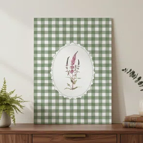 Placa Decorativa Botânica Com  Xadrez Verde Estilo Modern Heritage