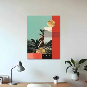 Placa Decorativa Colagem Abstrata Com Folhas e Formas Geométricas Placa Decorativa Colagem Abstrata Com Folhas e Formas Geométricas