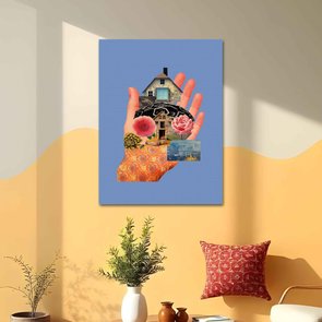 Placa Decorativa Colagem Abstrata Mão Segurando Casa Placa Decorativa Colagem Abstrata Mão Segurando Casa