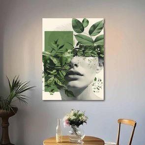 Placa Decorativa Colagem Abstrata Verde Rosto Com Folhas Placa Decorativa Colagem Abstrata Verde Rosto Com Folhas