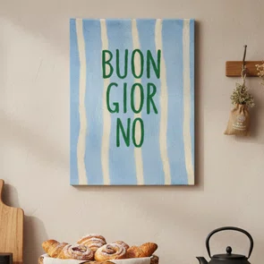 Placa Decorativa Estilo Pintura Mid Century "Buon Giorno" em Verde, em Fundo de Padrão Listrado Azul Claro e Creme