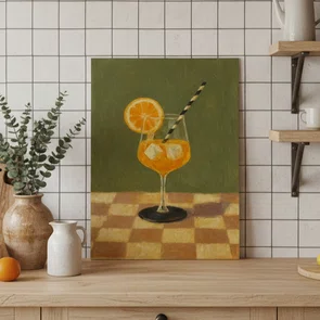 Placa Decorativa Estilo Pintura Mid Century Composição de Coquetel Spritz Guarnecido sobre Toalha Xadrez