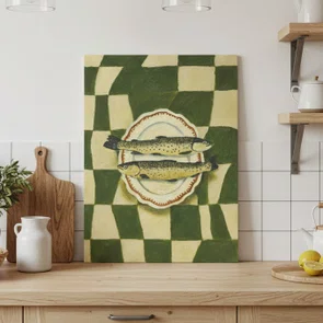 Placa Decorativa Estilo Pintura Mid Century Composição de de Peixes no Prato Oval em Fundo com Padrão Xadrez Verde
