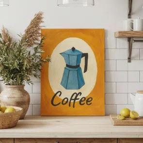 Placa Decorativa Estilo Pintura Mid Century/Retrô Moka Italiana Azul em Círculo Creme com Fundo Laranja Vibrante