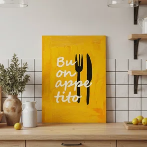 Placa Decorativa Estilo Pintura Mid Century "Buon Appetito" sobre Fundo Amarelo, com Silhuetas de Talheres