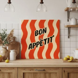 Placa Decorativa Estilo Pintura Retrô Pop "Bon Appétit" em Fundo de Ondas Vermelhas e Creme com Textura de Pinceladas