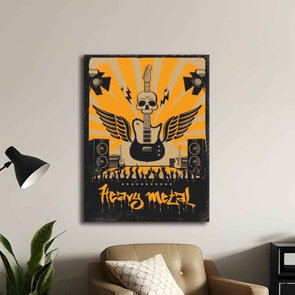 Placa Decorativa Heavy Metal Laranja Com Guitarra Asas E Crânio Placa Decorativa Heavy Metal Laranja Com Guitarra Asas E Crânio
